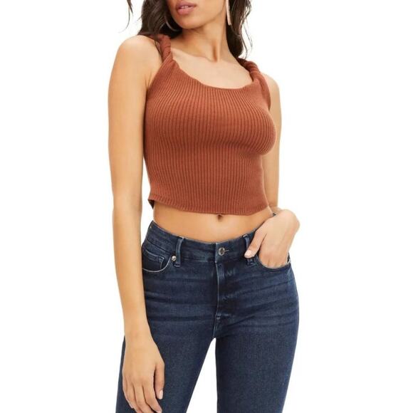 Good American Twisted Shoulder Ribbed Tank Top NWT XL Brown Tortoise Shell - Picture 1 of 9